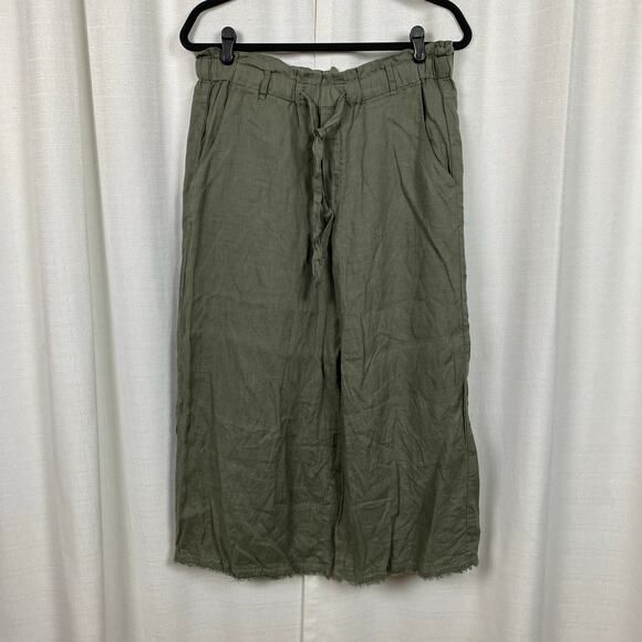 Anthropologie Cloth&Stone Green Linen Wide Leg Cropped Paperbag Waist Pants Sz.M - Picture 3 of 13